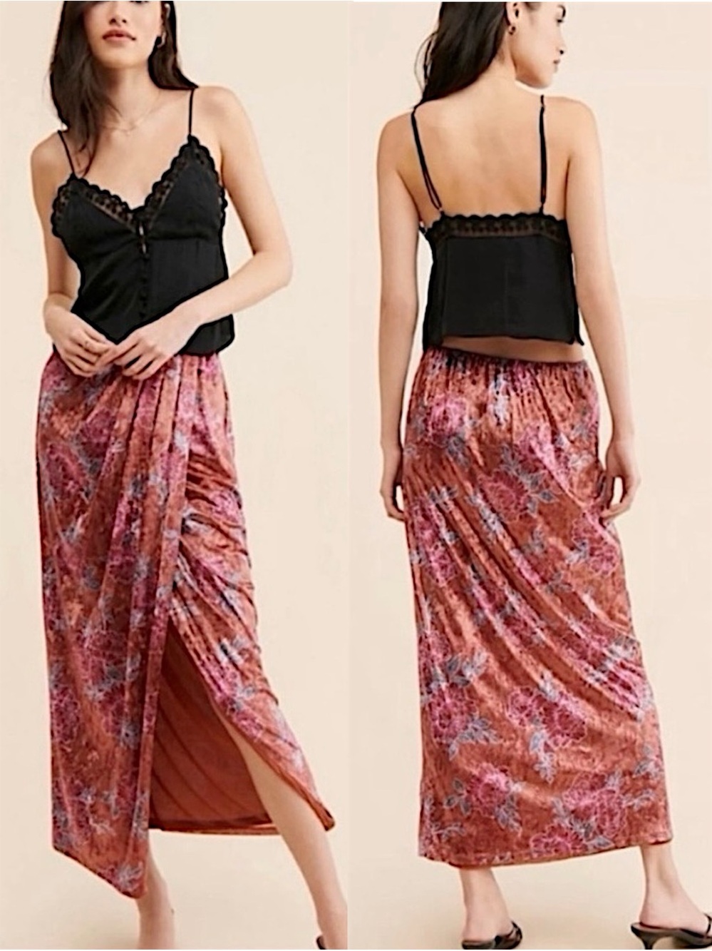 NWT Free People Poets Velvet Sarong Skirt Rust Floral Maxi Boho Whimsigoth M